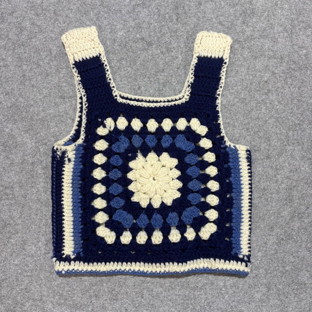 Handmade Crochet Granny Square Crop Top Navy Blue Cream Floral Boho Vest